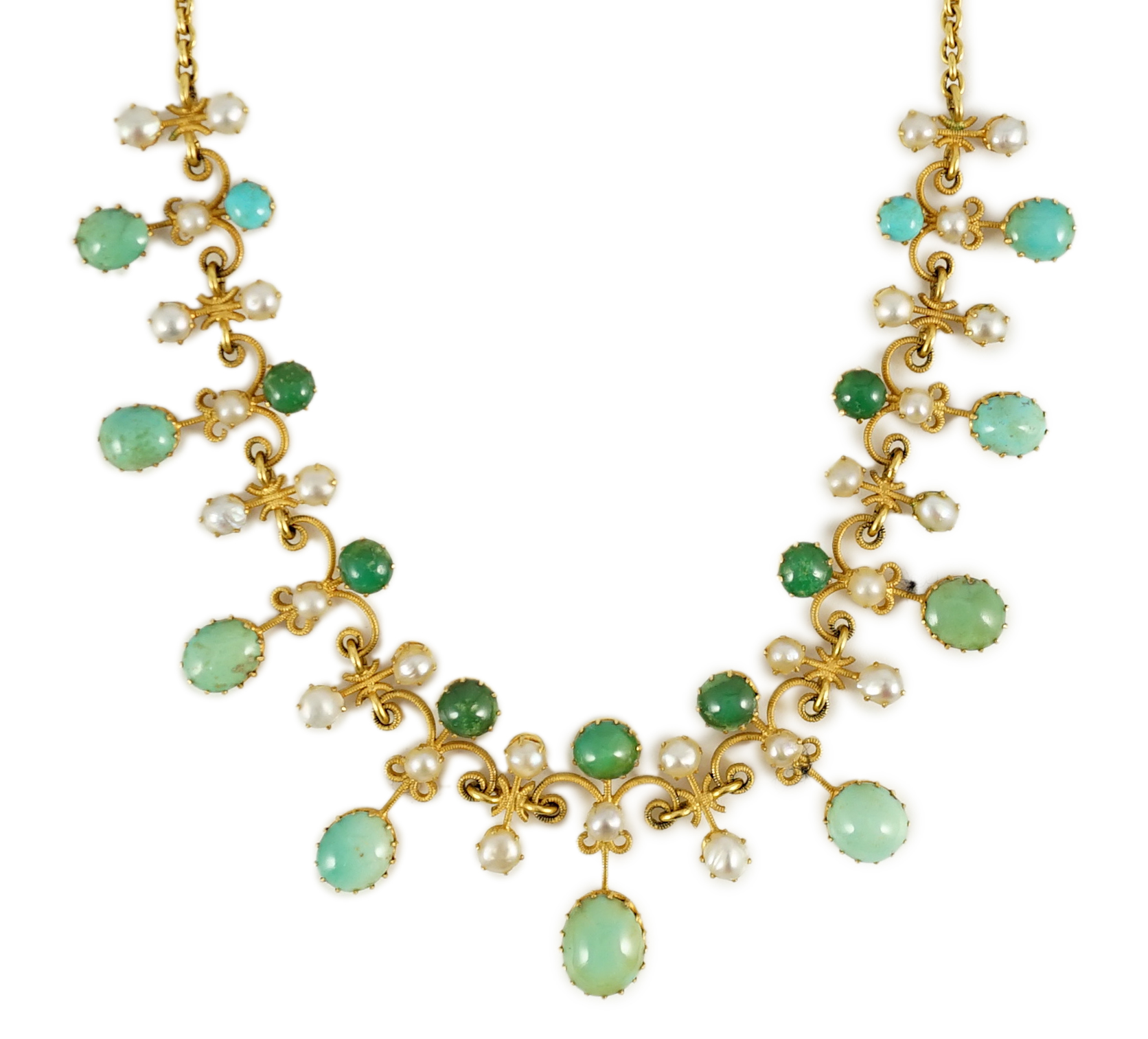 A cased Edwardian gold, turquoise and split pearl set necklace